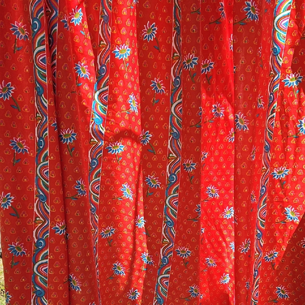 Vintage Cotton Indian Block Design  Orange  Blue Floral Shower 72" X 72" Curtain - Picture 11 of 17